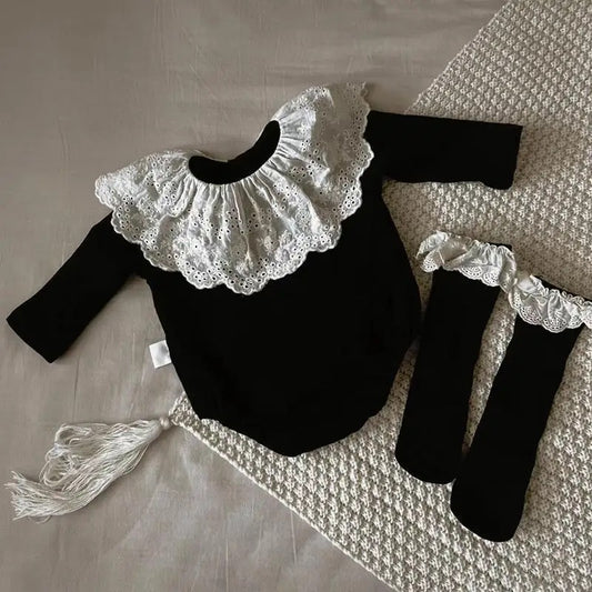 Black ruffle large lace neck romper