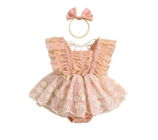 Pink tutu vintage romper and matching bow